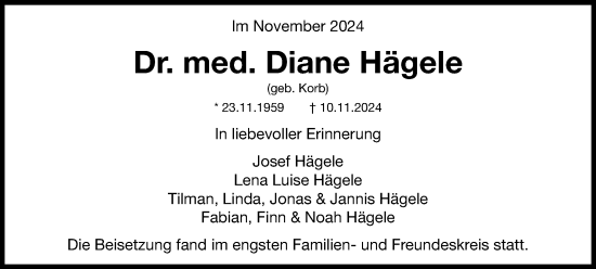 Traueranzeige von Diane Hägele von Schwäbische Post