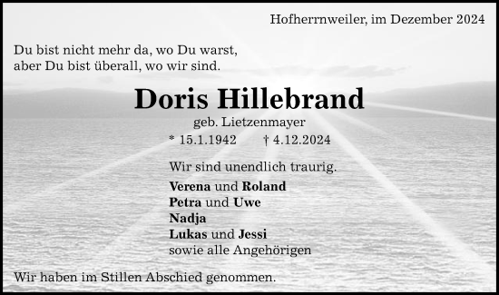 Traueranzeige von Doris Hillebrand von Schwäbische Post