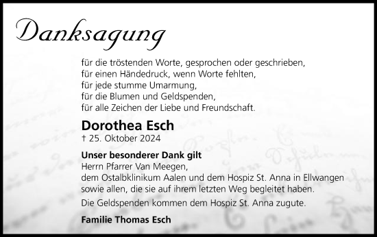 Traueranzeige von Dorothea Esch von Schwäbische Post