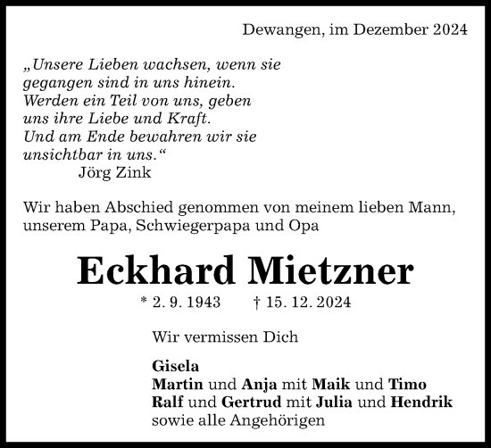 Traueranzeige von Eckhard Mietzner von Schwäbische Post