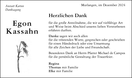 Traueranzeige von Egon Kassahn von Gmünder Tagespost