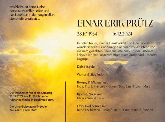 Traueranzeige von Einar Erik Prütz von Schwäbische Post