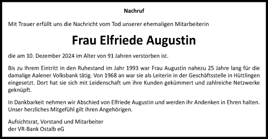 Traueranzeige von Elfriede Augustin von Schwäbische Post