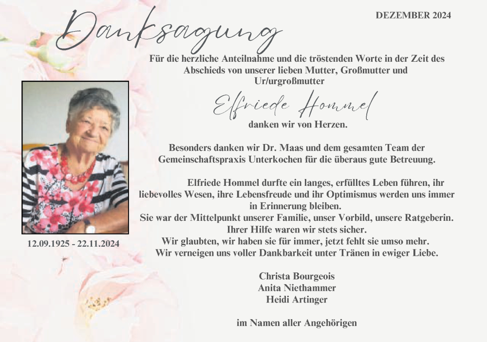  Traueranzeige für Elfriede Hommel vom 14.12.2024 aus Schwäbische Post