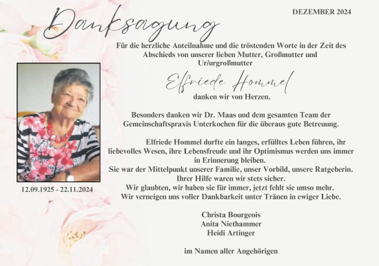 Traueranzeige von Elfriede Hommel von Schwäbische Post