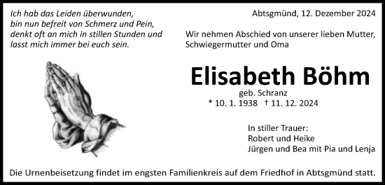 Traueranzeige von Elisabeth Böhm von Schwäbische Post