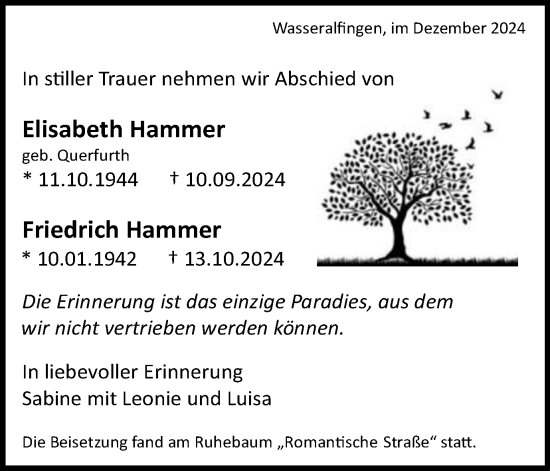 Traueranzeige von Elisabeth und Friedrich Hammer von Schwäbische Post