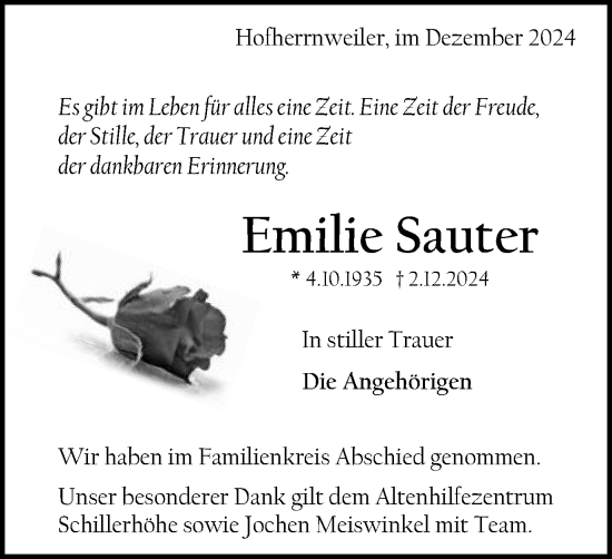 Traueranzeige von Emilie Sauter von Schwäbische Post