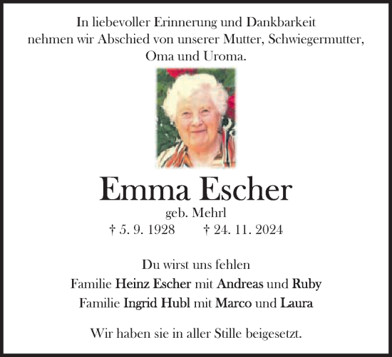 Traueranzeige von Emma Escher von Schwäbische Post