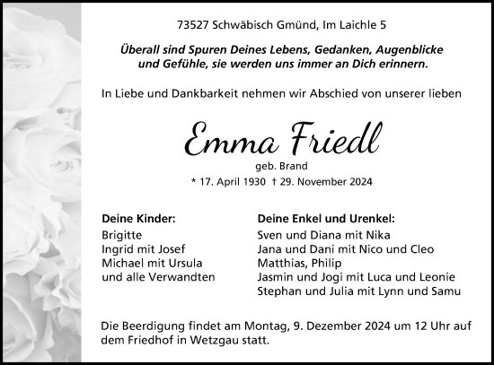 Traueranzeige von Emma Friedl von Gmünder Tagespost
