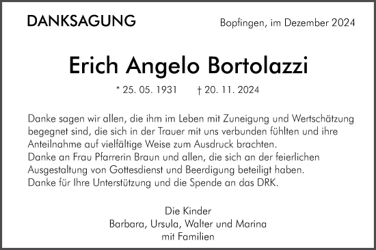 Traueranzeige von Erich  Bortolazzi von Schwäbische Post