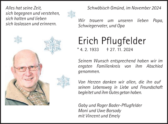 Traueranzeige von Erich Pflugfelder von Gmünder Tagespost