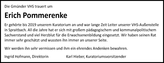 Traueranzeige von Erich Pommerenke von Gmünder Tagespost