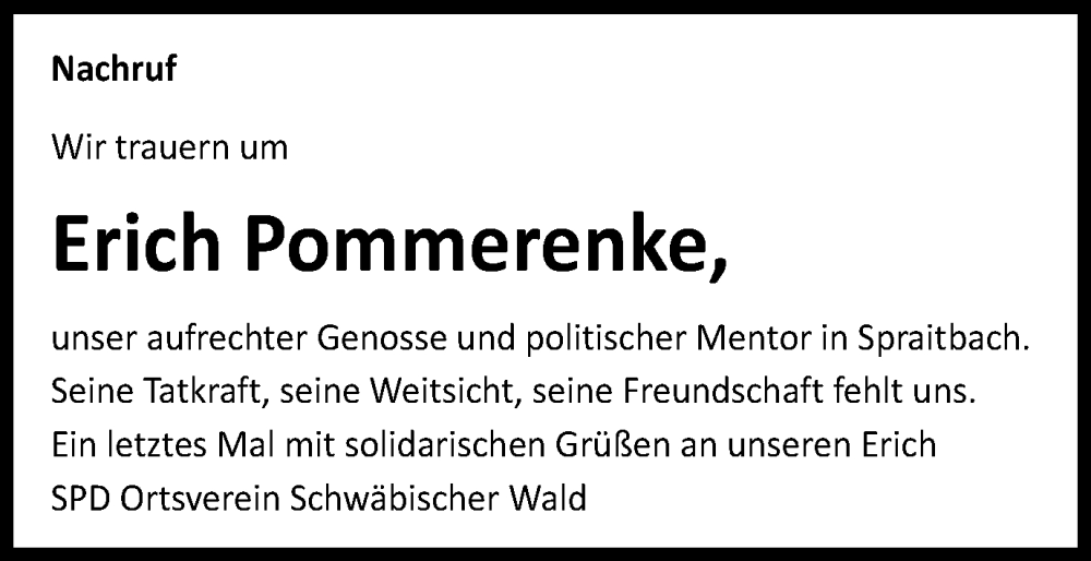  Traueranzeige für Erich Pommerenke vom 14.12.2024 aus Gmünder Tagespost