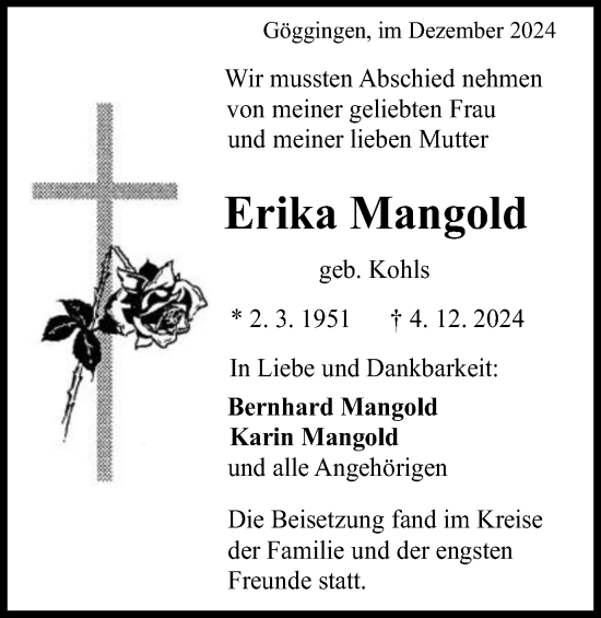 Traueranzeige von Erika Mangold von Gmünder Tagespost