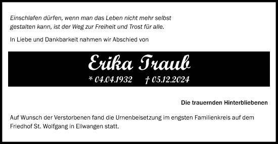 Traueranzeige von Erika Traub von Schwäbische Post