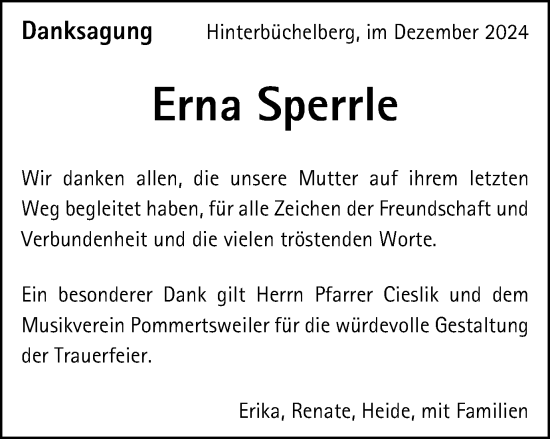 Traueranzeige von Erna Sperrle von Schwäbische Post