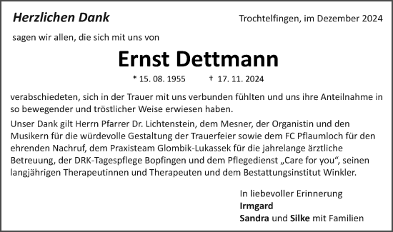 Traueranzeige von Ernst Dettmann von Schwäbische Post