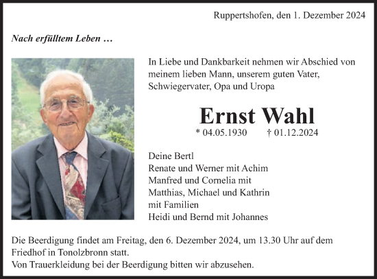 Traueranzeige von Ernst Wahl von Gmünder Tagespost