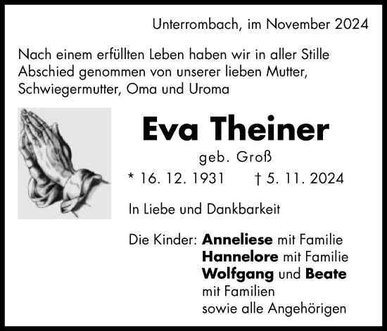 Traueranzeige von Eva Theiner von Schwäbische Post
