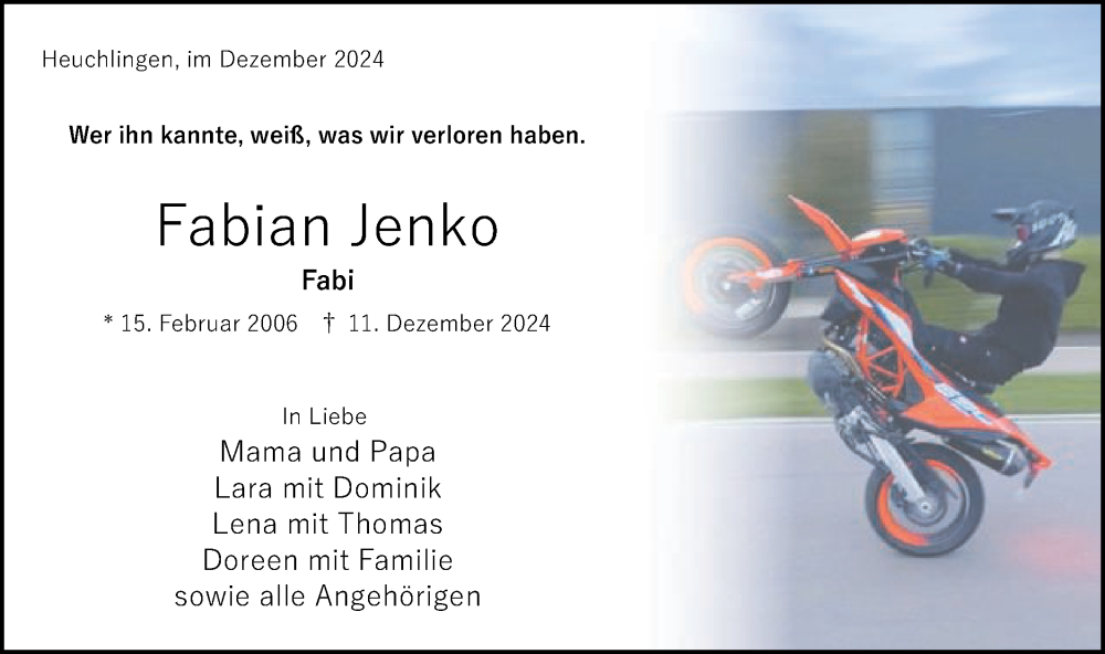  Traueranzeige für Fabian Jenko vom 21.12.2024 aus Schwäbische Post