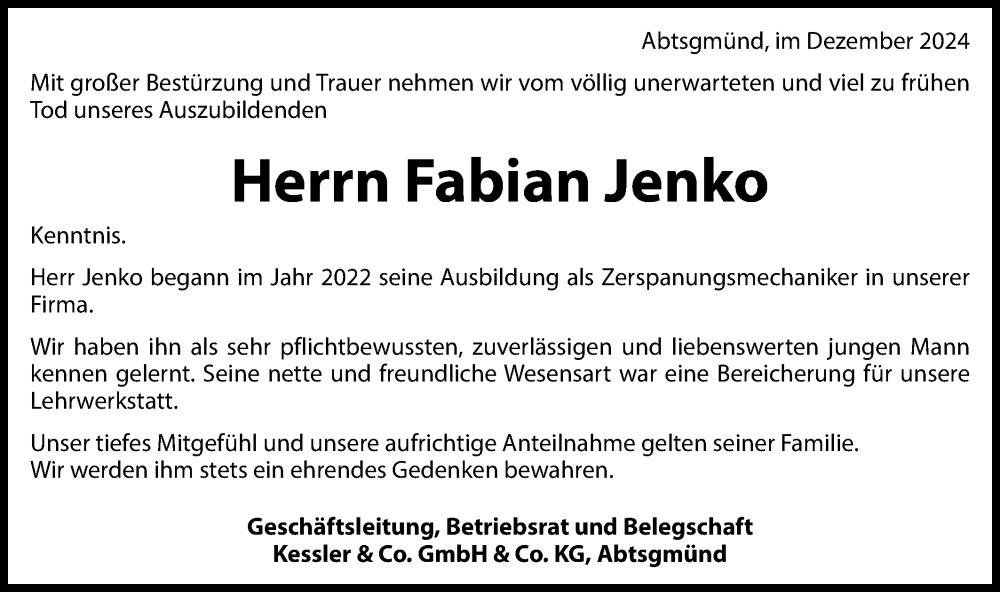  Traueranzeige für Fabian Jenko vom 21.12.2024 aus Schwäbische Post