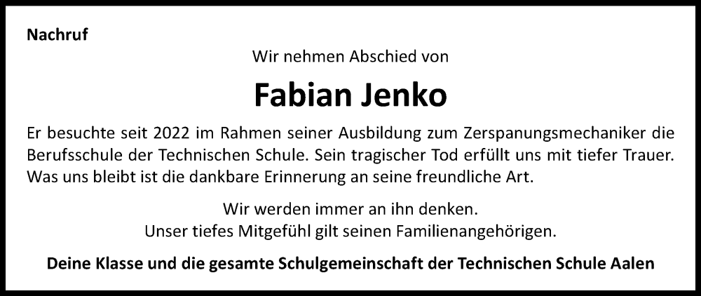 Traueranzeige für Fabian Jenko vom 24.12.2024 aus Schwäbische Post
