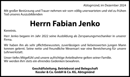 Traueranzeige von Fabian Jenko von Schwäbische Post