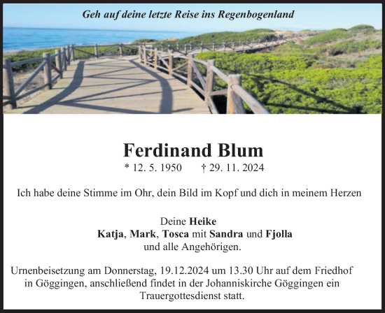 Traueranzeige von Ferdinand Blum von Gmünder Tagespost