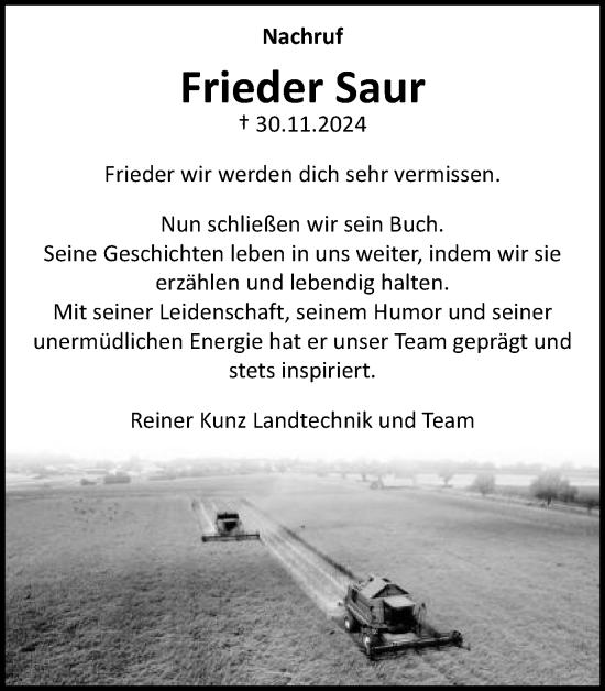 Traueranzeige von Frieder Saur von Gmünder Tagespost