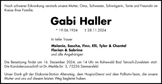 Traueranzeige von Gabi Haller von Gmünder Tagespost