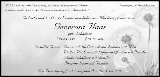 Traueranzeige von Generosa Haas von Schwäbische Post