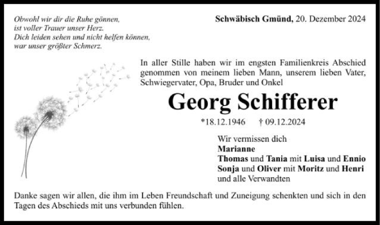 Traueranzeige von Georg Schifferer von Gmünder Tagespost