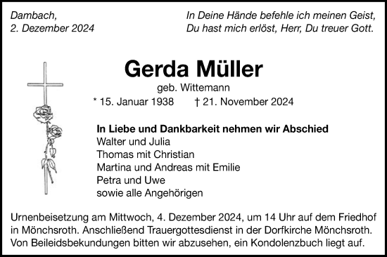 Traueranzeige von Gerda Müller von Schwäbische Post