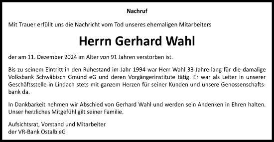 Traueranzeige von Gerhard Wahl von Gmünder Tagespost