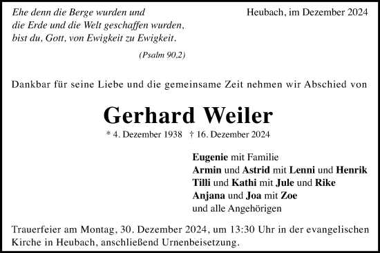 Traueranzeige von Gerhard Weiler von Gmünder Tagespost