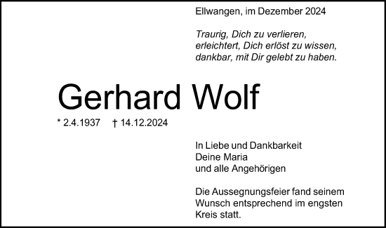 Traueranzeige von Gerhard Wolf von Schwäbische Post