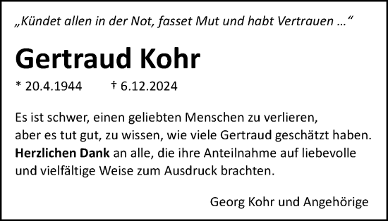 Traueranzeige von Gertraud Kohr von Gmünder Tagespost