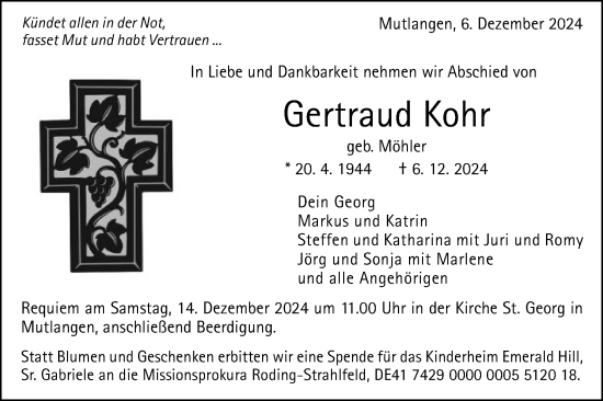 Traueranzeige von Gertraud Kohr von Gmünder Tagespost