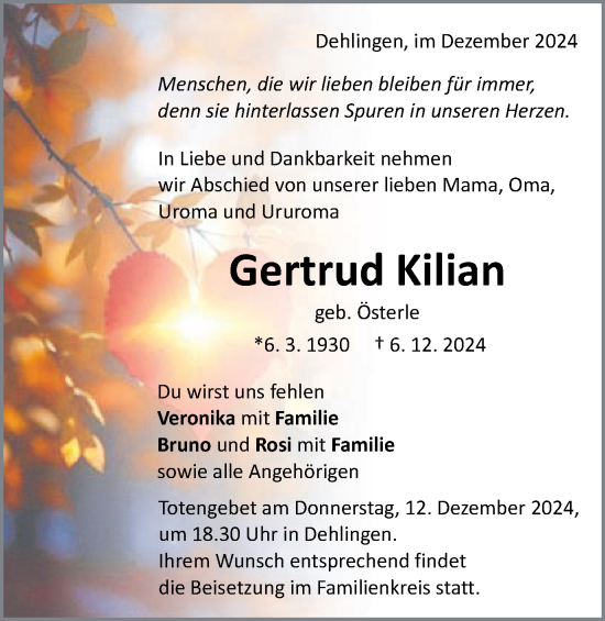 Traueranzeige von Gertrud Kilian von Schwäbische Post