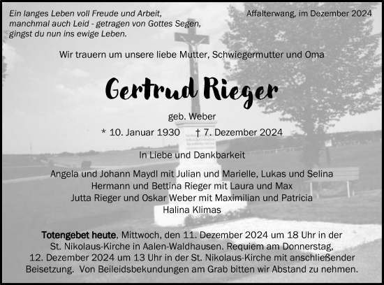 Traueranzeige von Gertrud Rieger von Schwäbische Post