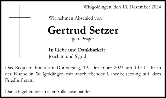 Traueranzeige von Gertrud Setzer von Gmünder Tagespost