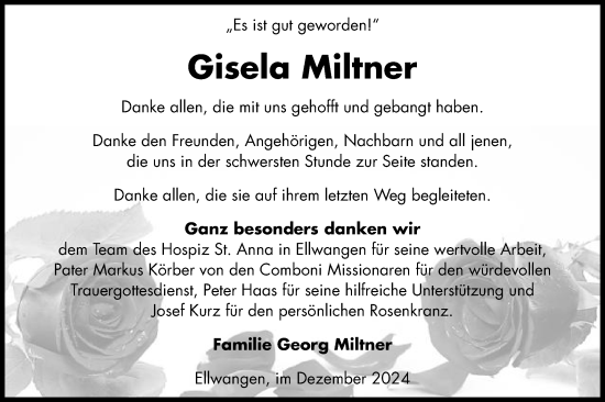 Traueranzeige von Gisela Miltner von Schwäbische Post