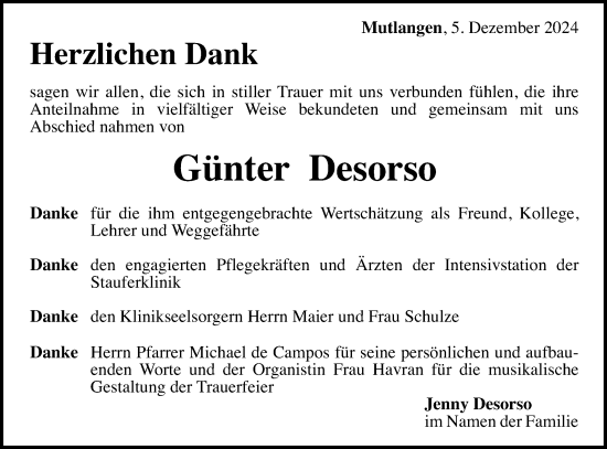 Traueranzeige von Günter Desorso von Gmünder Tagespost