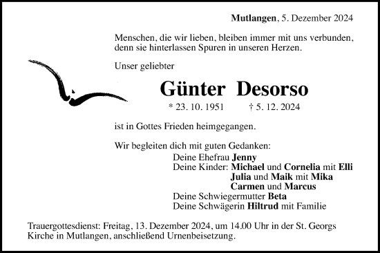 Traueranzeige von Günter Desorso von Gmünder Tagespost