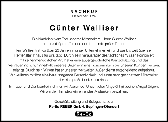Traueranzeige von Günter Walliser von Schwäbische Post