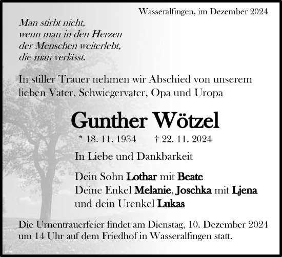 Traueranzeige von Gunther Wötzel von Schwäbische Post