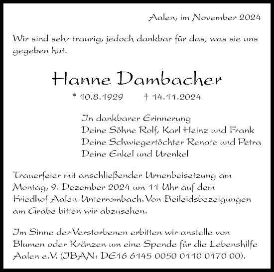 Traueranzeige von Hanne Dambacher von Schwäbische Post