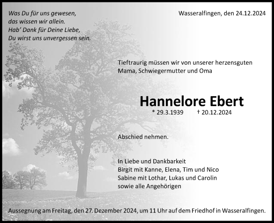 Traueranzeige von Hannelore Ebert von Schwäbische Post