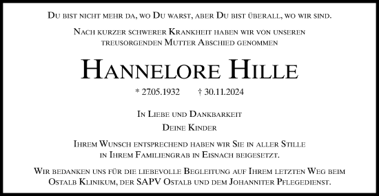 Traueranzeige von Hannelore Hille von Schwäbische Post